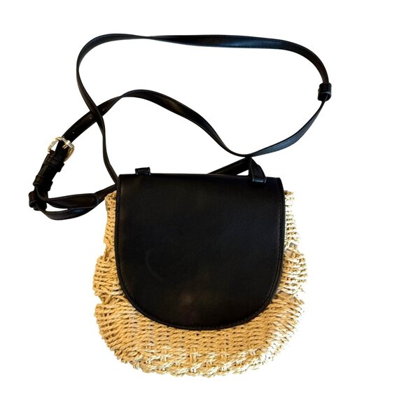 a new day Handbags - Faux Leather Straw Crossbody Bag Black Beige Adjustable Strap Magnetic Closure